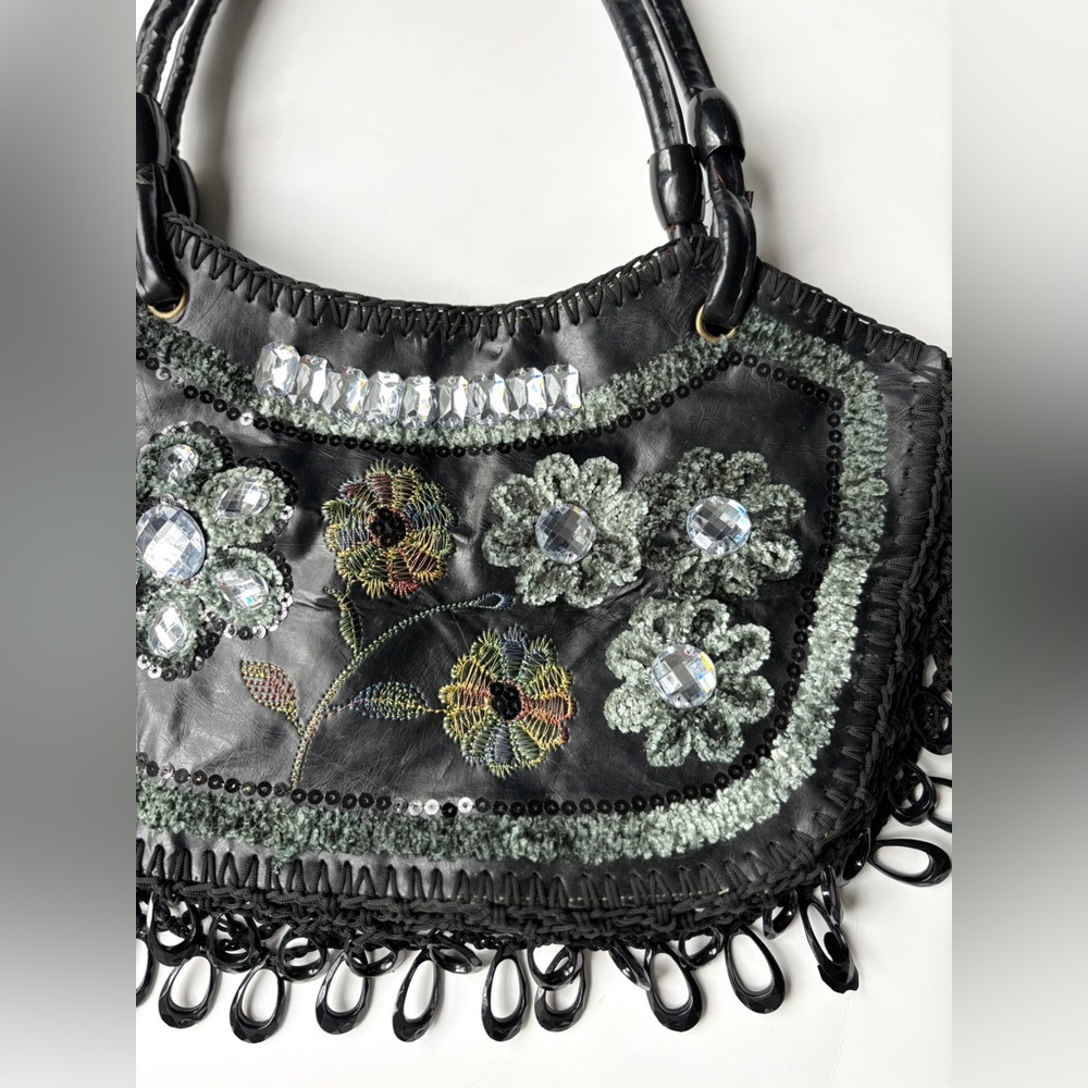 Y2K Vintage Embroidered‎ Beaded Sequin Embellished Black Vegan Leather Boho Bag - Picture 4 of 7